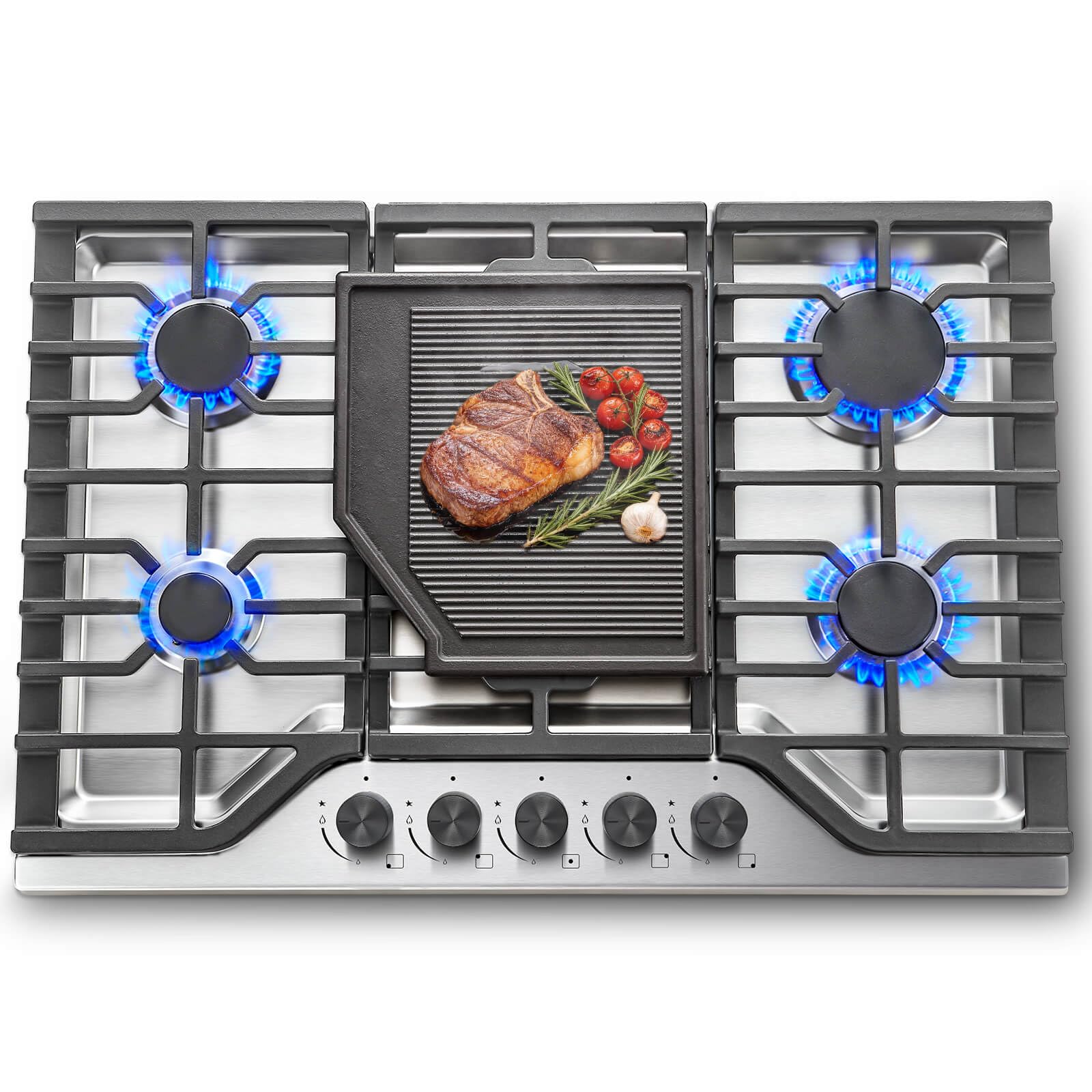Photo 1 of SNDOAS 30 Inch Gas Cooktop, 5 SABAF Burners 47400 BTU Built-in Gas Stove Top with 22000 BTU Triple Ring Wok Burner, Cast Iron Griddle, Stainless Steel Top, NG/LPG Convertible, Knob Control