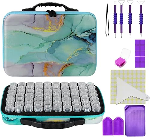 Ieusew Contenedor de almacenamiento de pintura de diamante de 70 ranuras, kit de accesorios de pintura de diamantes con herramientas, caja de
