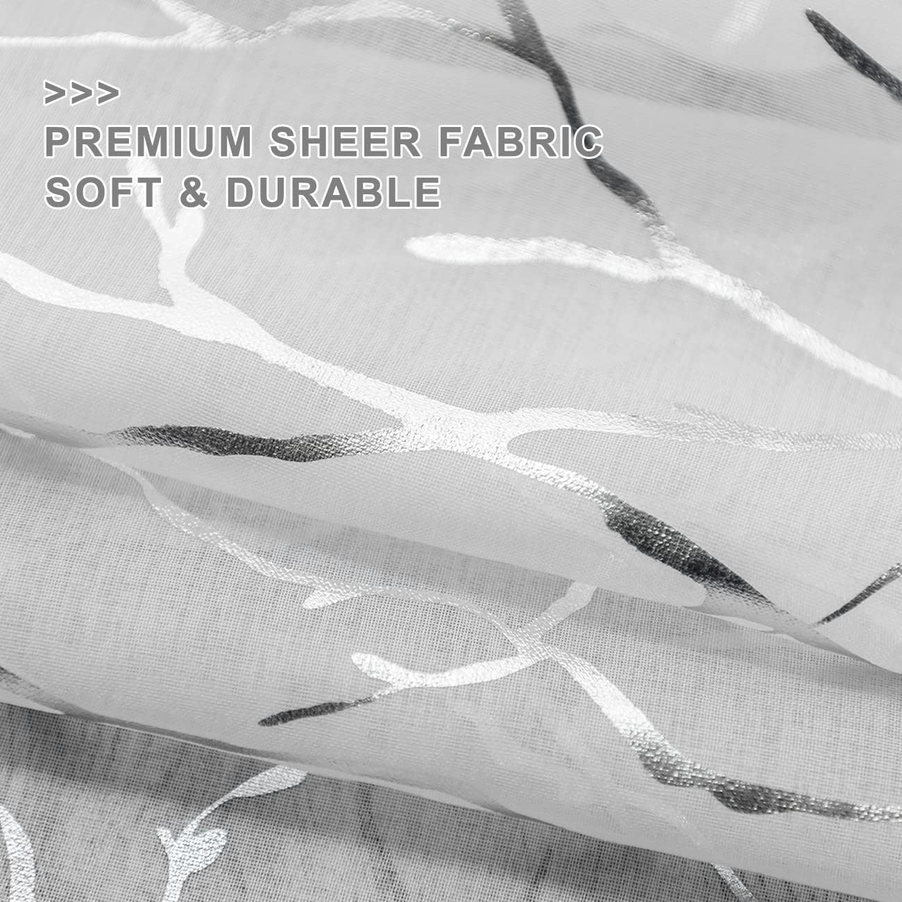 FINECITY Tree Curtains for Living Room - White Sheer Curtains 72 Inches Long Silver Foil Tree Branch Design Print Curtain 2 Panels for Bedroom, 52 x 72 Inch, 1 Pair, Silver and White