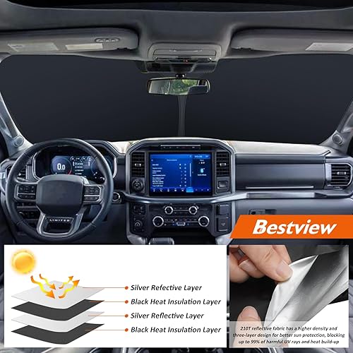 Miniatura 13 de Bestview Parasol para parabrisas compatible con Ford F250 F350 2008-2016, parasol para ventana delantera, bloquea los rayos UV del calor, plegable