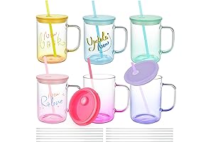 Pack of 6 Sublimation Glass Mugs with Lids and Straws
