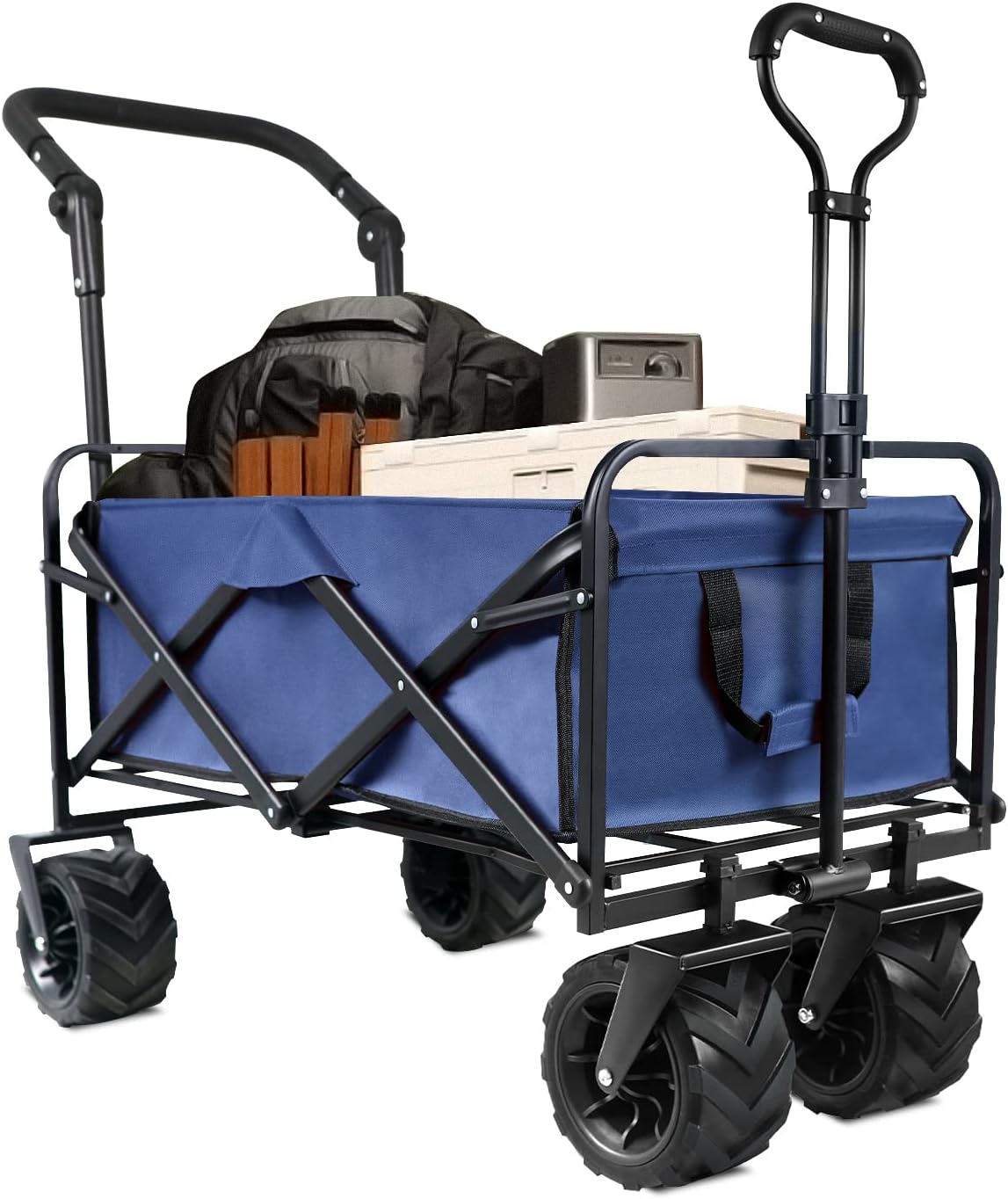 Patio Watcher Collapsible Folding Utility Push Pull Wagon Cart Outdoor Garden Wagon Beach Cart Camping Shopping Sports Portable Wagon with All Terrain Wheels Large Capacity Heavy Duty, Blue