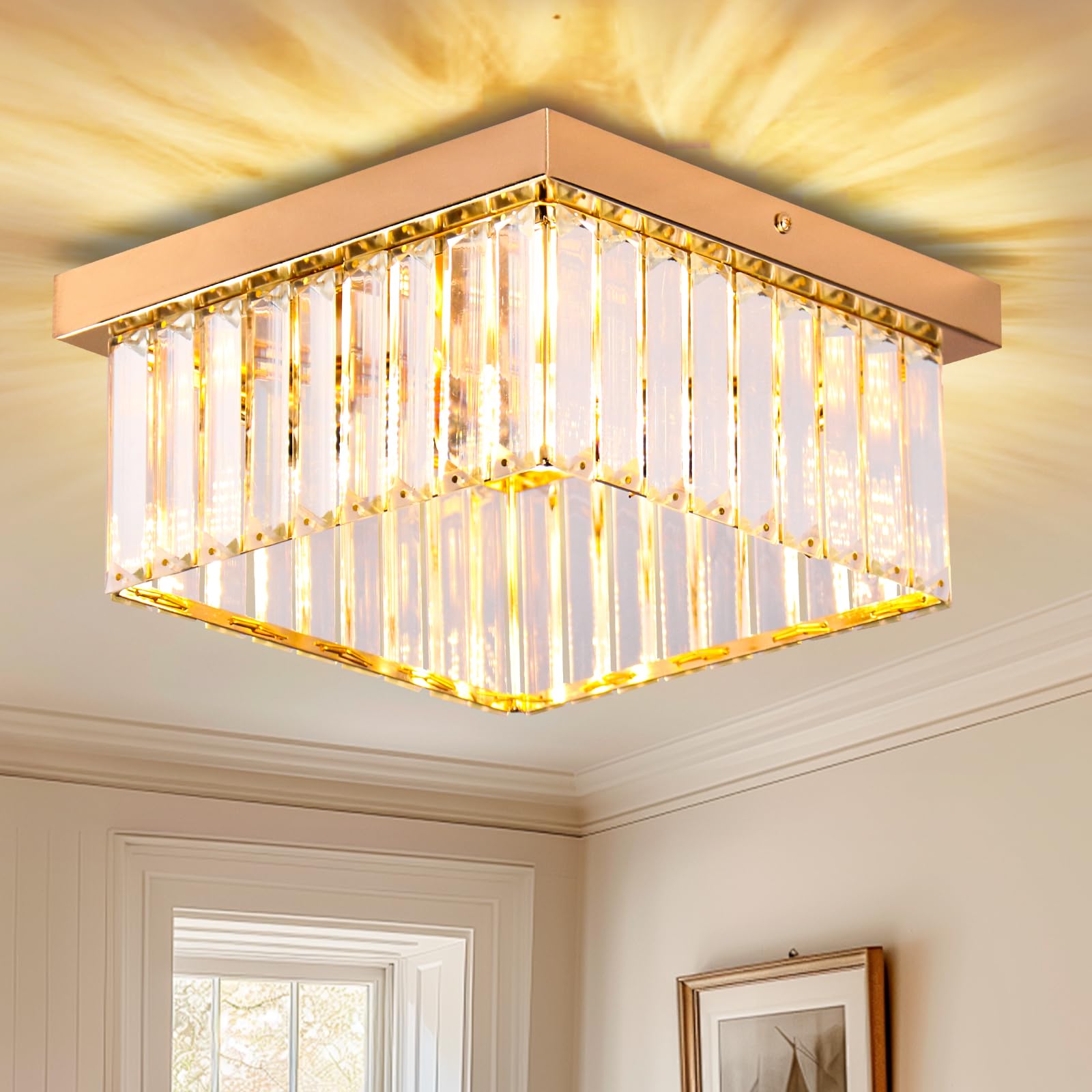 CainjiazhLED Crystal Chandelier Rectangle Gold E27