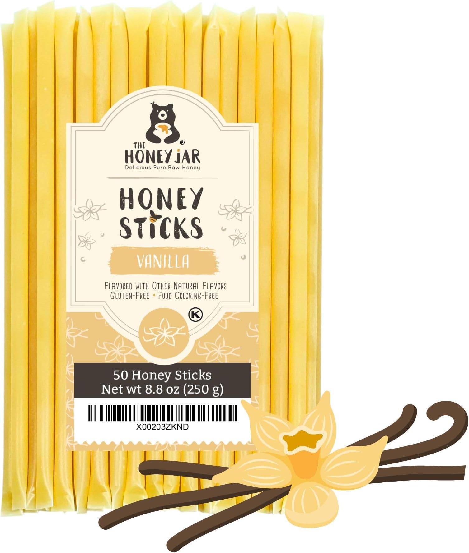 The Honey Jar Vanilla Flavored Honey Sticks - Pure Honey Straws For Tea, Coffee, or a Healthy Treat - One Teaspoon of Flavored Honey Per Stick - Made In The USA with Real Honey - (50 Count)