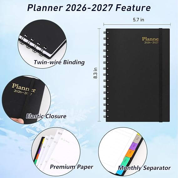 Daily Planner 2026-2027, 18-Month Weekly and Monthly Calendar Planner, July 2026-December 2027, Planning Agenda Book with Laminated Tabs, Flexible Cover, 100GSM Thick Paper, A5 Size,Black