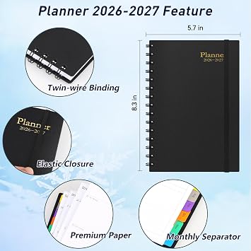 Daily Planner 2026-2027, 18-Month Weekly and Monthly Calendar Planner, July 2026-December 2027, Planning Agenda Book with Laminated Tabs, Flexible Cover, 100GSM Thick Paper, A5 Size,Black