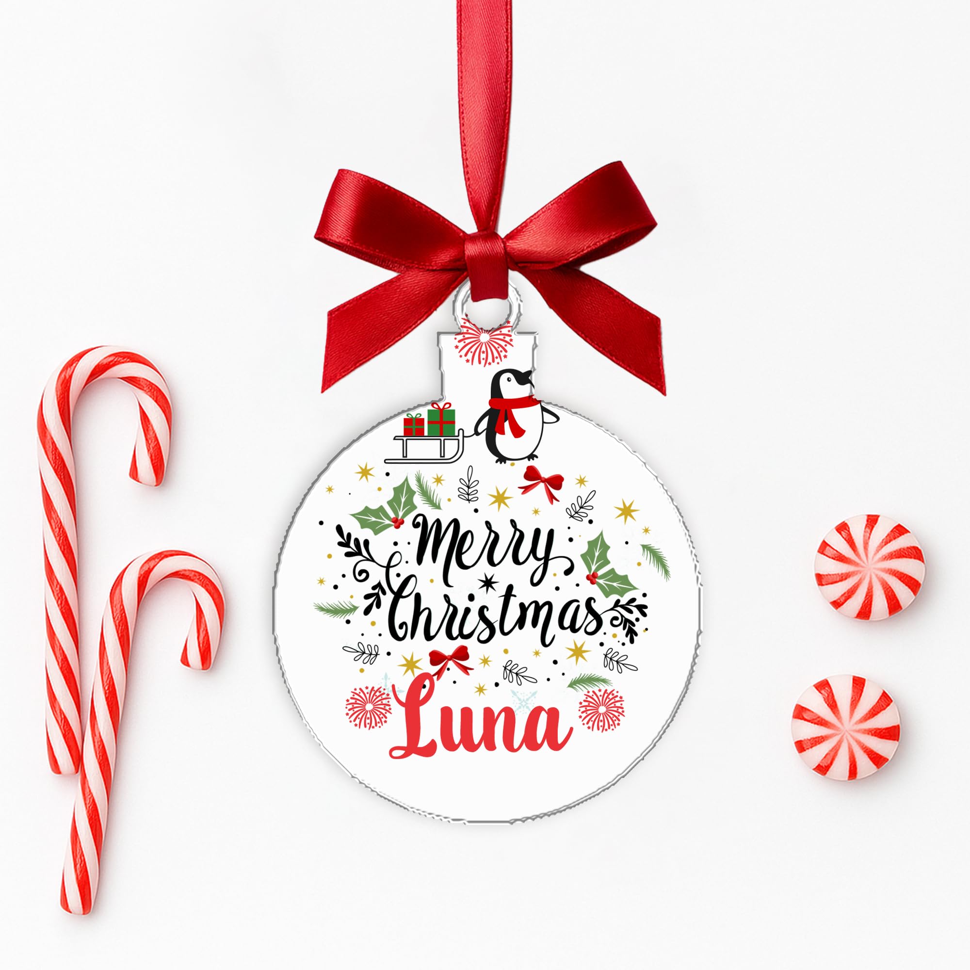 KreateSquare Personalised Christmas Bauble Xmas Tree Decoration with Customised Name and Red Ribbon Round Shaped Baubles | Celebrate Love & Togetherness – Custom Christmas Ornament Keepsake