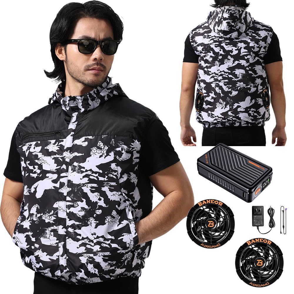 [mobason] 2026革新的な作品 53Vファン付きベスト 46500mAhバッテリー付き 空調付き作業服 UPF 50+紫外線防止 最大14時間連続稼働 7段階風量調節 2種類モード搭載 帽子取り外し可能 PSE認証済 日本語説明書付き