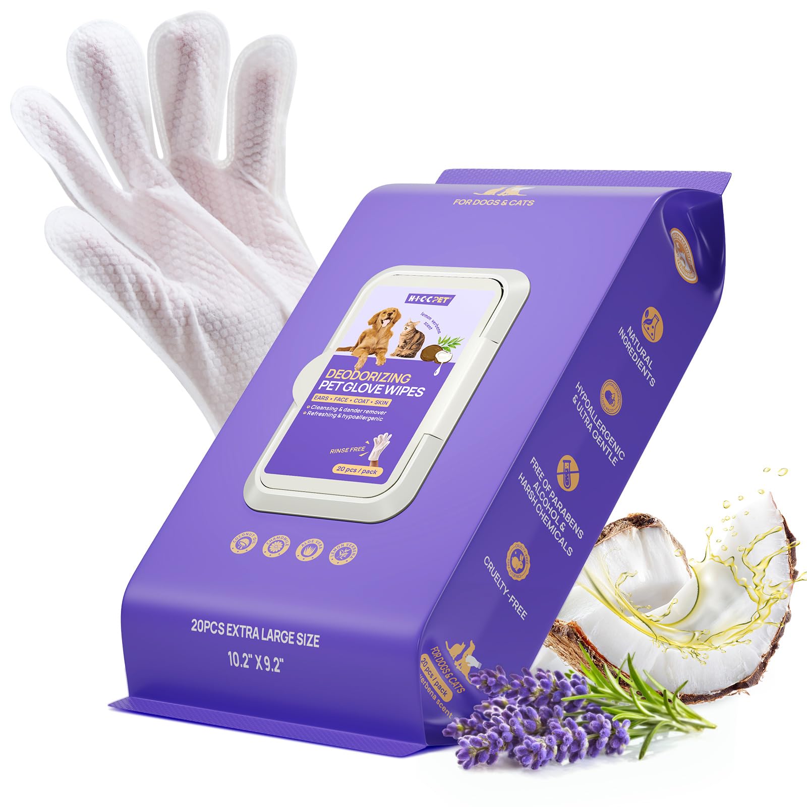 HICC PET Toallitas de baño de limpieza y desodorización para perros y gatos, hipoalergénicas, con aceite de coco, toallitas de aseo para perros, toallitas nutritivas para gatos, para el cuidado diario