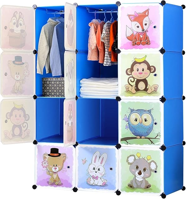 BRIAN & DANY Portable Cartoon Clothes Closet Wardrobe DIY Modular Storage Organizer, Sturdy and Safe for Children, 8 Cubes & 2 Hanging Sections, Blue, 110 x 47 x 147 cm