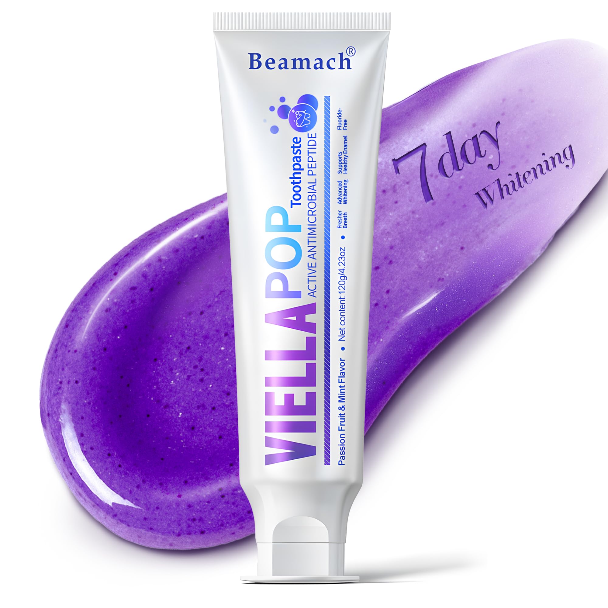 VIELLA POP Purple Toothpaste, Active Antimicrobial Peptide Purple to Blue Foam Whitening Toothpastes with Niacinamide, Fluoride Free, Passion Fruit & Mint Flavor, Appropriate for Sensitive Teeth (1)