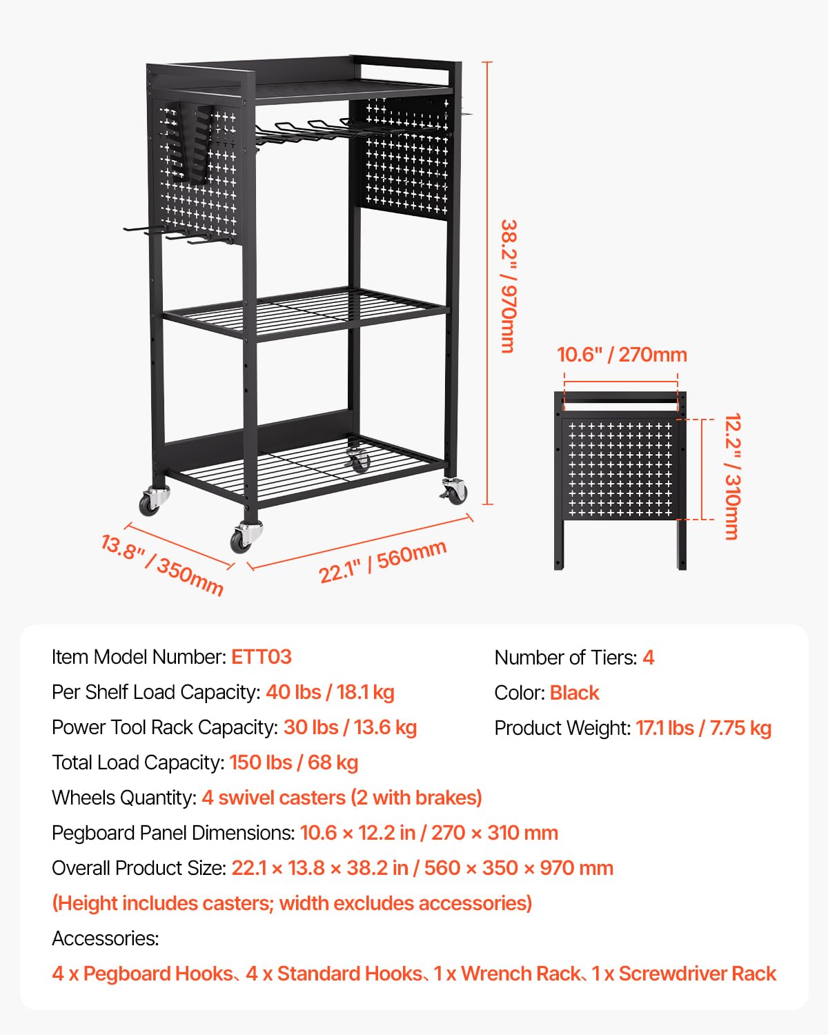 VEVOR Chariot à Outils, 4 Niveaux, Chariot Servante d'Atelier à roulettes, Capacité de Charge 68 kg, Rangement d'Outils Électriques, Support de Perceuse, pour Garage, Atelier de Réparation, Noir