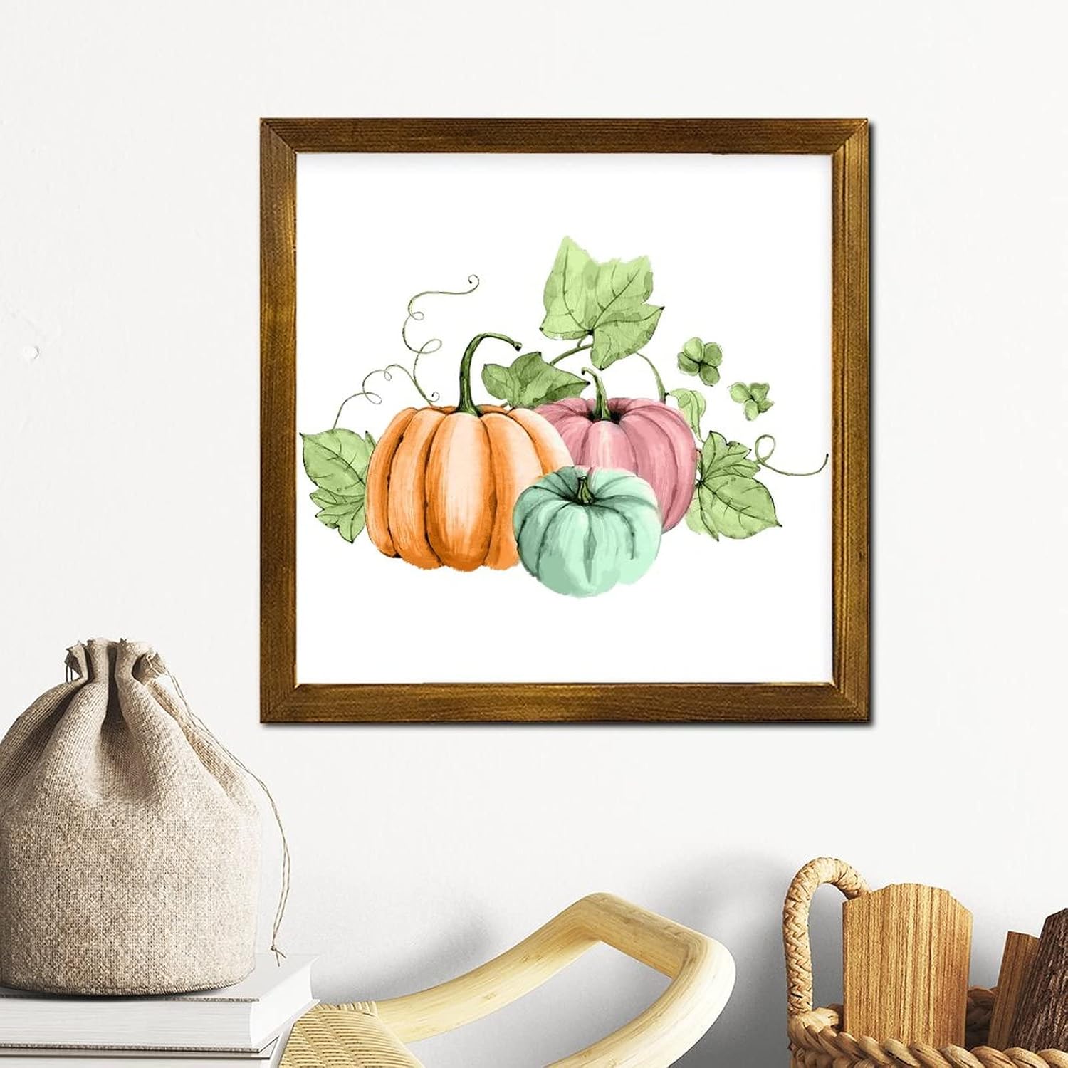 Thanksgiving Farm Watercolor Pumpkin Framed Wooden Signs Maple Leaves Welcome Sign Farmhouse Autumn Harvest Wall Art Hanging Farmhouse Decoration Plaque for Living Room Bedroom Dining Room 12x12 inch