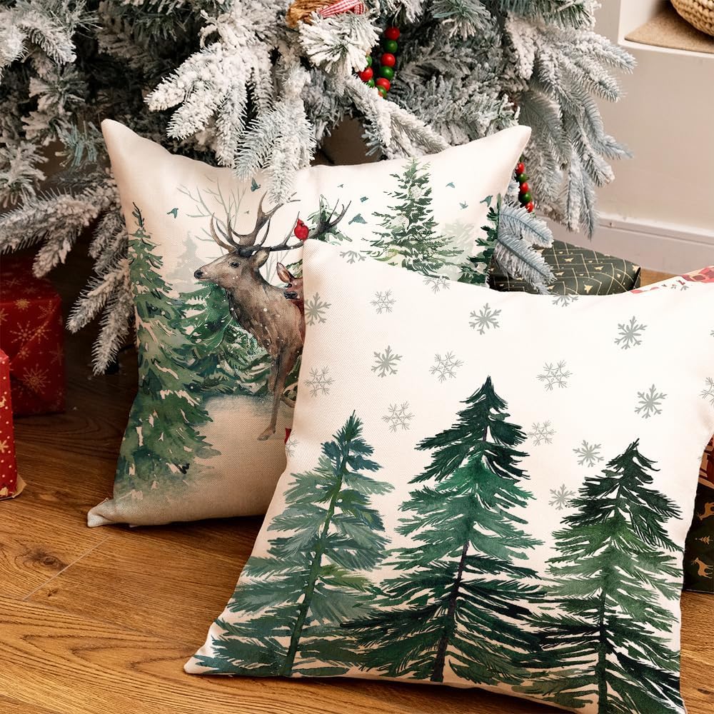 GEEORY Christmas Tree Reindeer Pillow Covers 18 x 18 Inch Set of 4, Xmas Decorations, Holiday Hello Winter Decorative Throw Pillows for Sofa Green G717-18 - Image 5