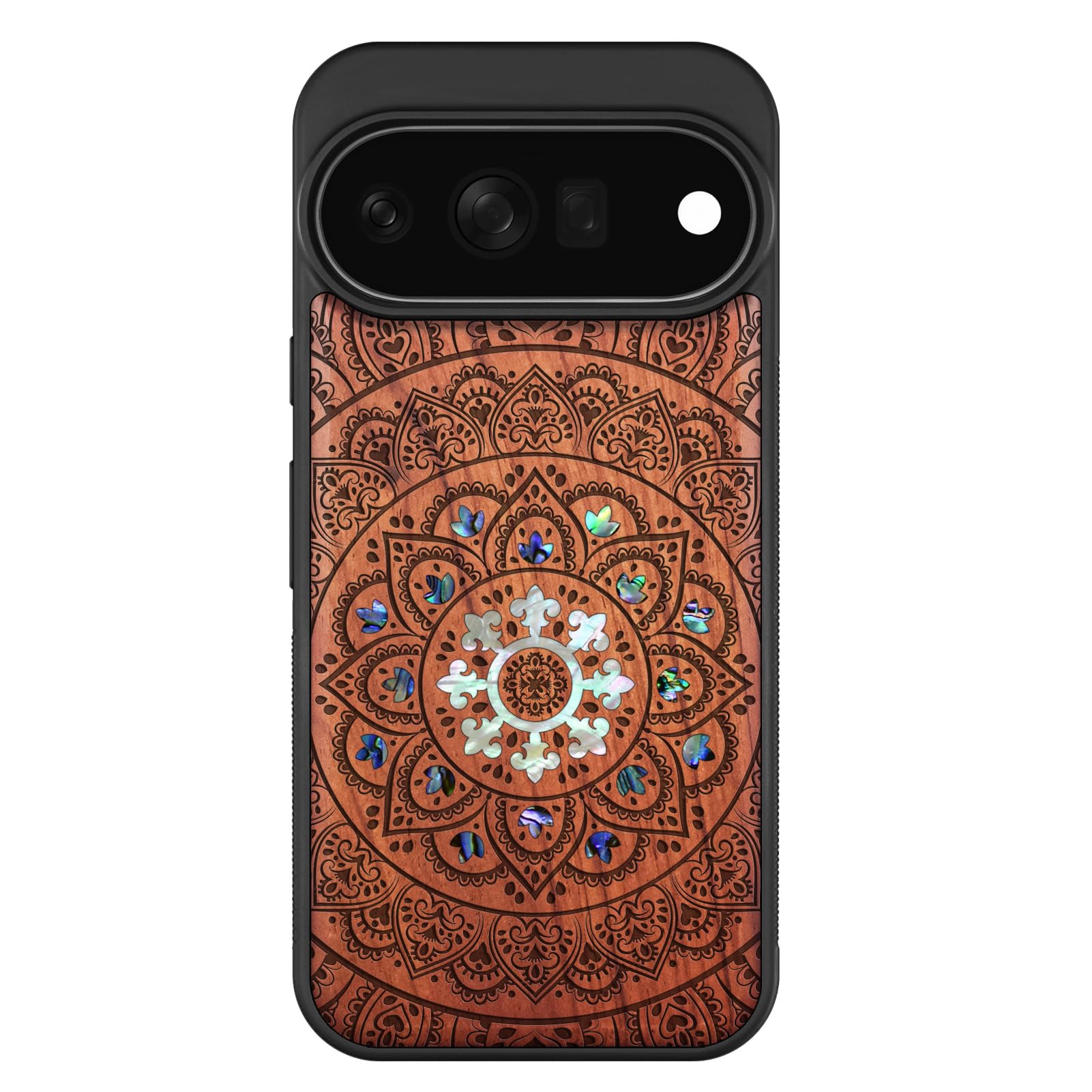 Carveit Madera Funda para Google Pixel 11 Pro (Rosa-Mándala Floral) | Compatible con MagSafe [Grabado en madera e incrustación de mejillones] Magnética Cover para Pixel 11 Pro Carcasa