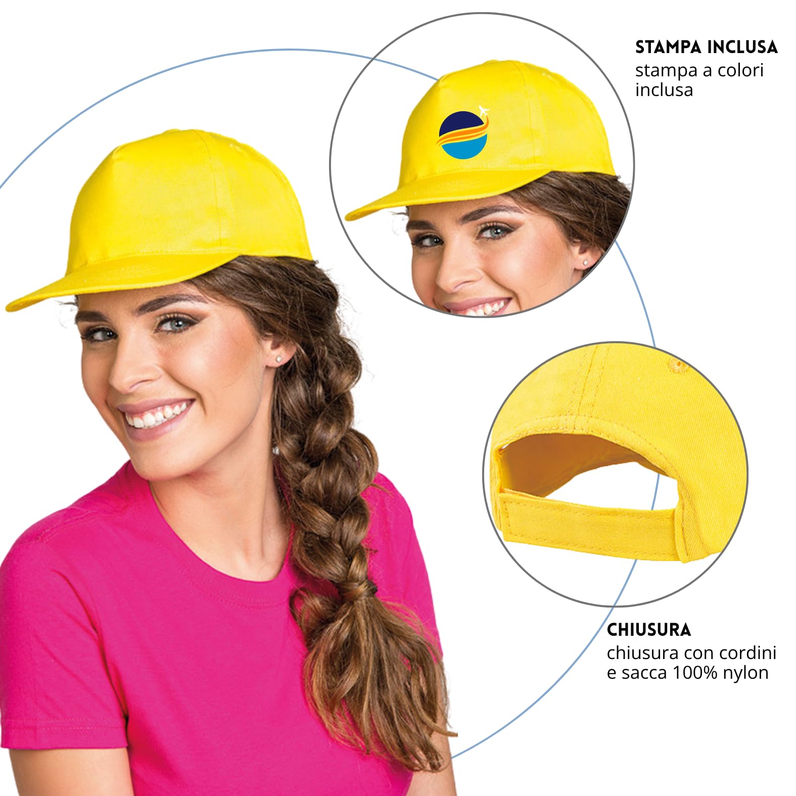 Kit 10 Cappellini + 10 Sacche Personalizzate ideali per Eventi all' aperto, Gite, Fiere, Campagne Promozionali, Gadget Aziendali, Omaggio a Clienti (Giallo)