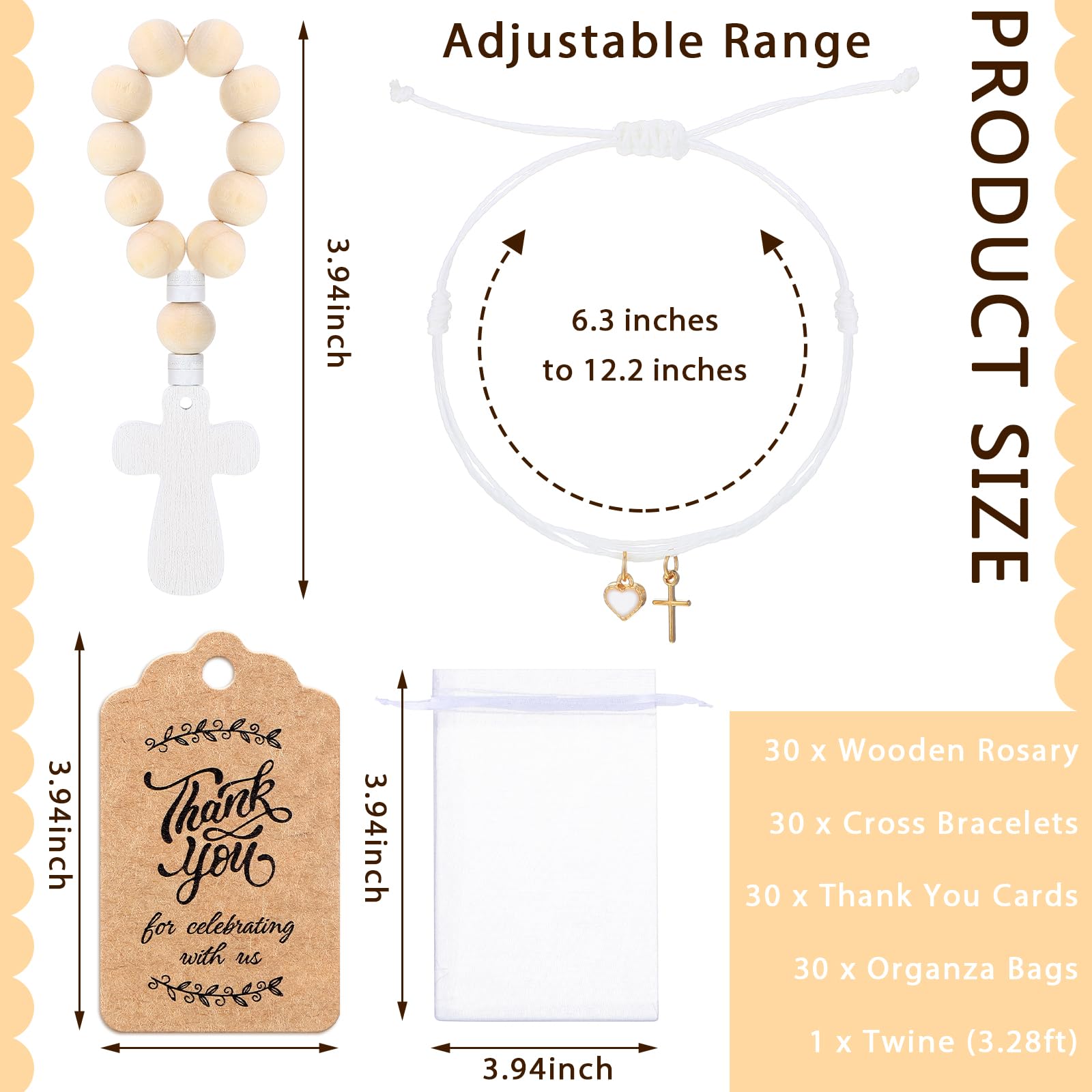 Supervitae 60 piezas de recuerdos de bautizo para invitados, incluye pulsera ajustable con corazón cruzado, rosario de madera, tarjeta de agradecimiento y bolsa de malla blanca para decoraciones de