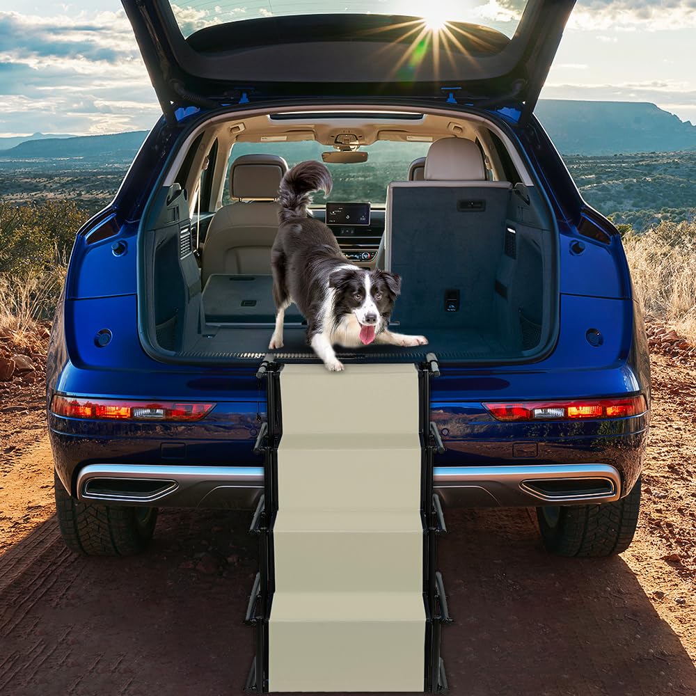 Rampe de Voiture Pliable pour Chien, Escalier à 4 Marches pour Animaux de Compagnie, Utilisable pour Tous Les véhicules, Chargable jusqu'à 75 kg Imperméable Polyester Oxford Métal (Beige)