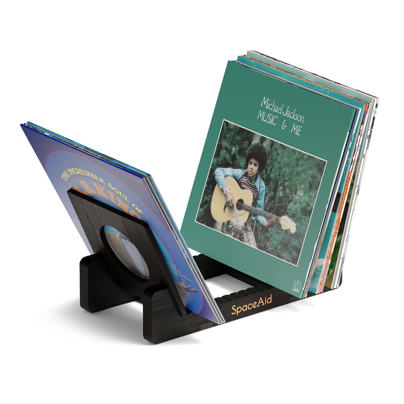 SpaceAid Soporte de almacenamiento de discos de vinilo, apila hasta 50 álbumes, organizador de bambú sólido, accesorios de discos de vinilo (negro)