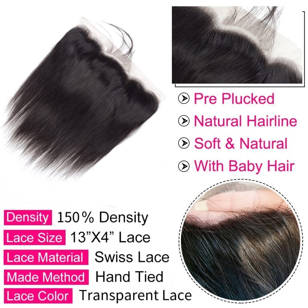 13x4 HD Lace Frontal Straight Closure Invisible Knots 13x4 Ear To Ear Free Part lace Closure Brazilian Virgin Human Hair Pre Plucked Natural Black 18 Inch