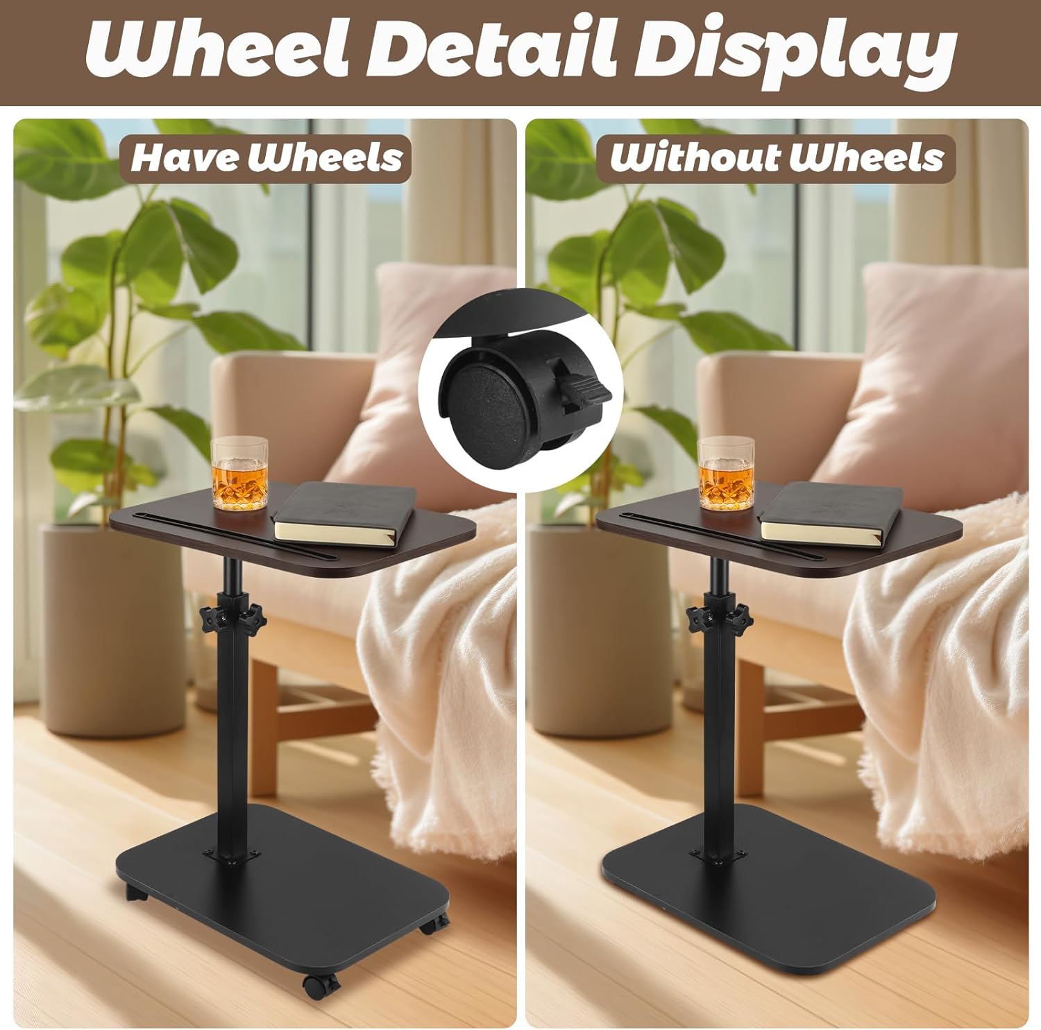 Sofa Armrest Tray Table for Couch, TV Tray Table 360° Flip-Over Panel Design & 360° Swivel Casters Swivel, C Shaped Sofa Side End Table for Couch, Bed, Chair, Living Room(Walnut)