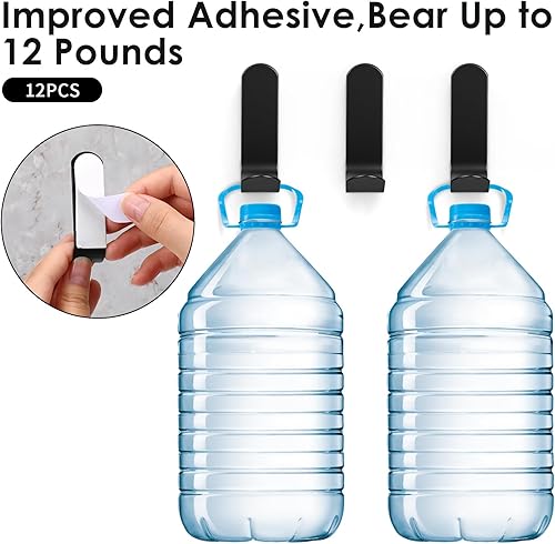 Miniatura 2 de Paquete de 12 ganchos adhesivos negros de pared, ganchos resistentes de acero inoxidable, colgador adhesivo para colgar ducha, tira en J para