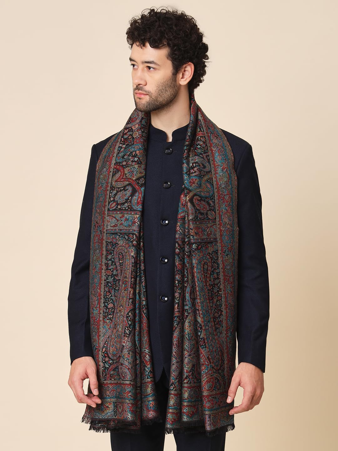 Zamour Large Indian Bamboo Modal Zari Shawl Prayer Wrap for Men, Original Kashmiri Kani Weave Paisley Design in Black
