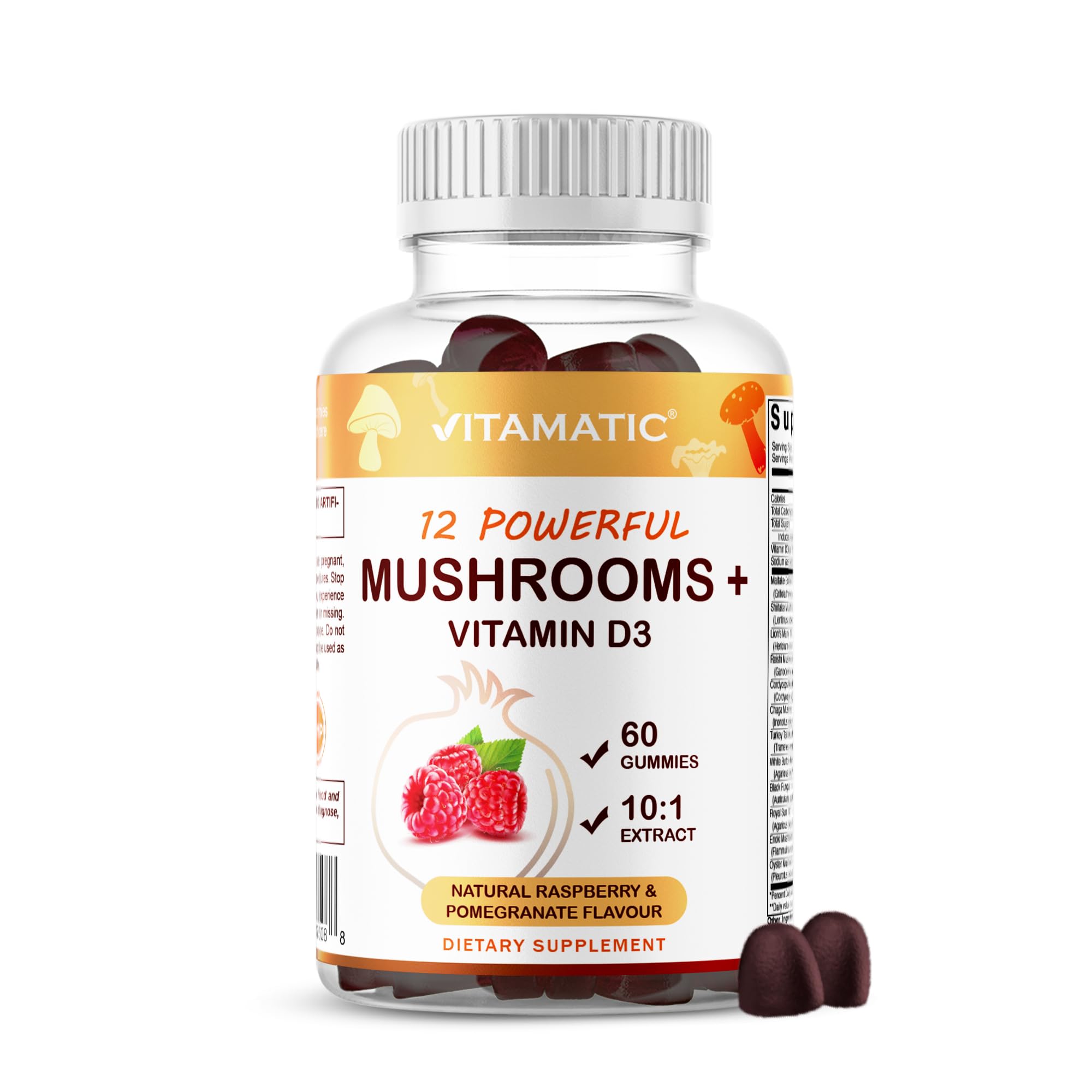 Vitamatic Suplemento de Cogumelos com Vitamina D3 600 UI (15 mcg) – 60 gomas