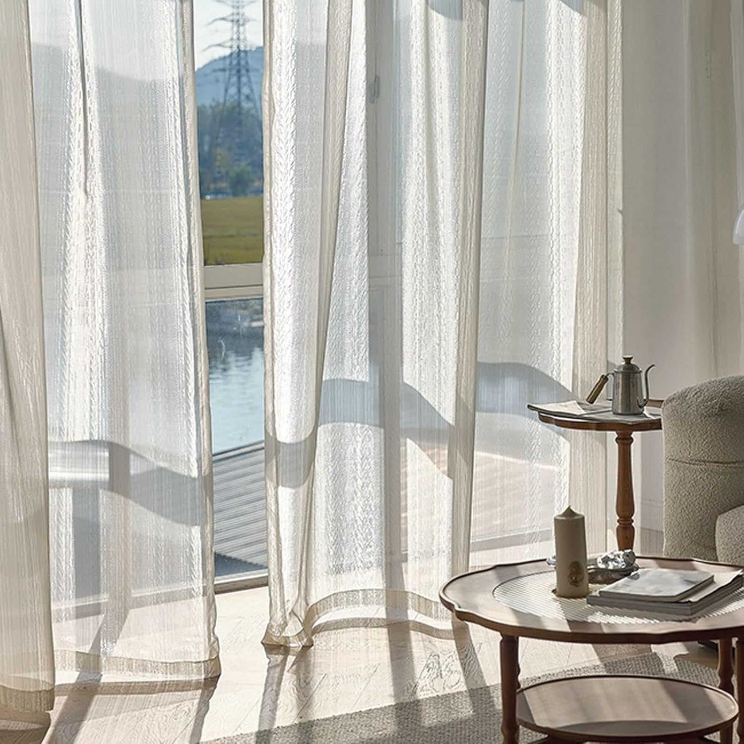 Daesar Transparent Curtains 2 Panels Set 45 Inch Length, Eyelet Tulle Curtains Solid Color Wheat Texture Sheer Drapes Window Treatment for Home, Office, Bedroom Living Room, 34x45 Inch White