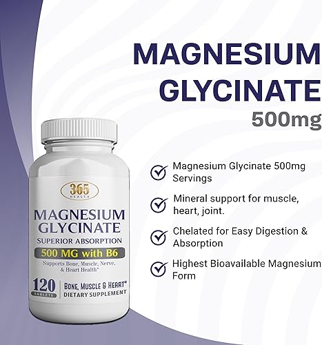 Miniatura 8 de 365 Health Glicinato de magnesio 500 mg por tableta  120 tabletas vegetarianas  B6 añadido para una máxima absorción  Apoya la salud muscular,