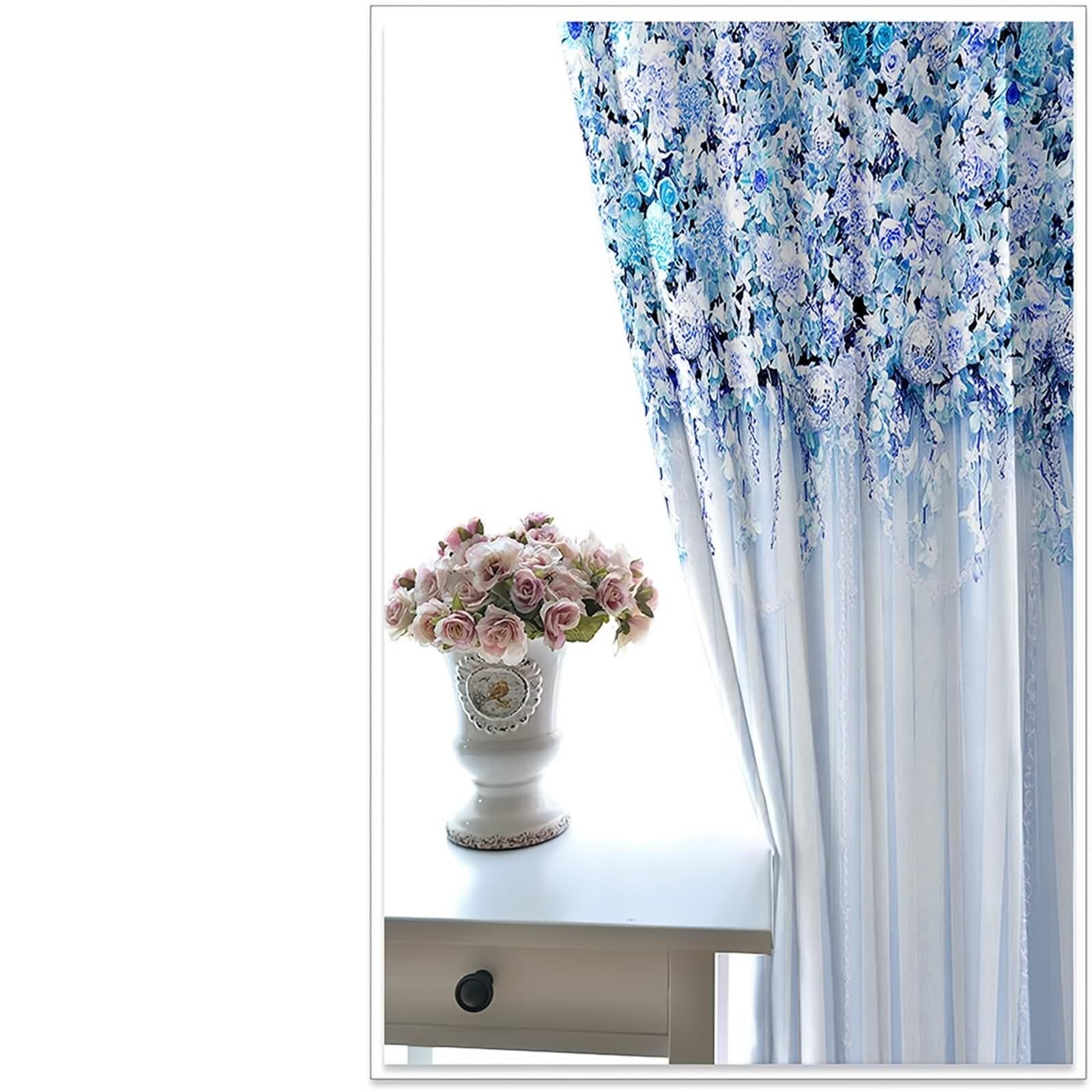 Rideau Anniversaire, Rideaux Fenetre Bleu Violet Blanc Polyester Vignes de Fleurs 3D 152L x 274H CM Lot de 2