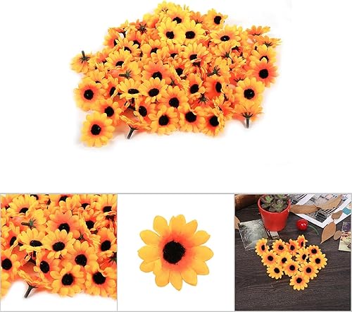 Miniatura 4 de 100 cabezas de flores artificiales, para decoración de bricolaje, manualidades, gerbera, margarita, cabeza, cabeza de flor, boda, fiesta (#2 girasol