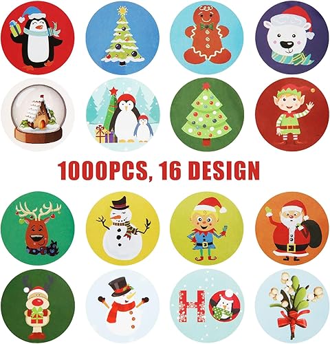 Miniatura 3 de Rollo de 1000 calcomanías de Navidad, calcomanías redondas autoadhesivas para niños, suministros de fiesta de Navidad (16 patrones)