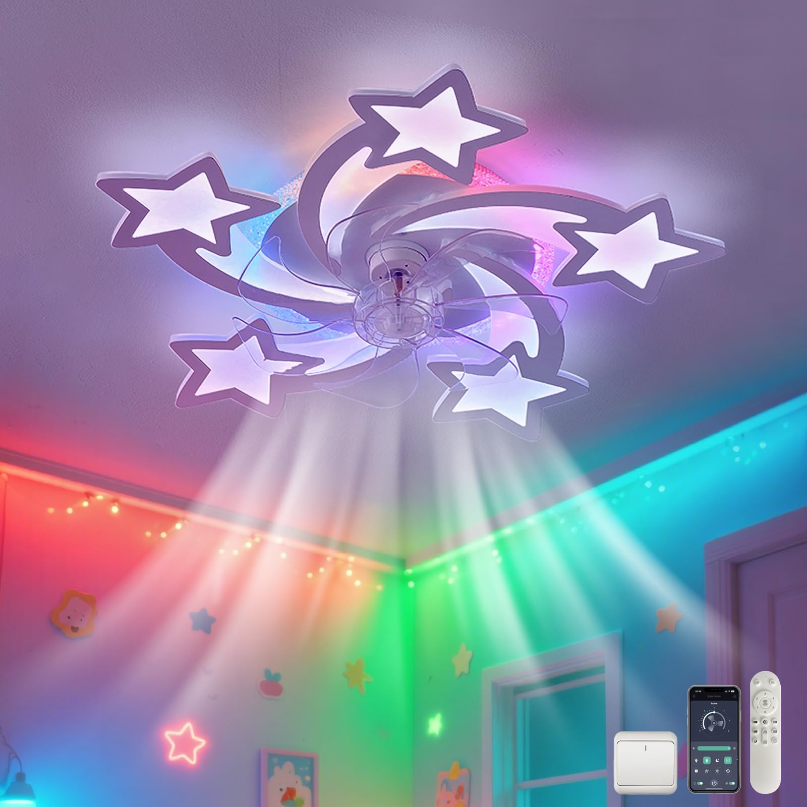 RGB Ceiling Fans with Lights and Remote, Modern Star Kids Dimmable Fan Light Ceiling Reversible 6-Speed Ceiling Smart Fan Light Silent Timing, White