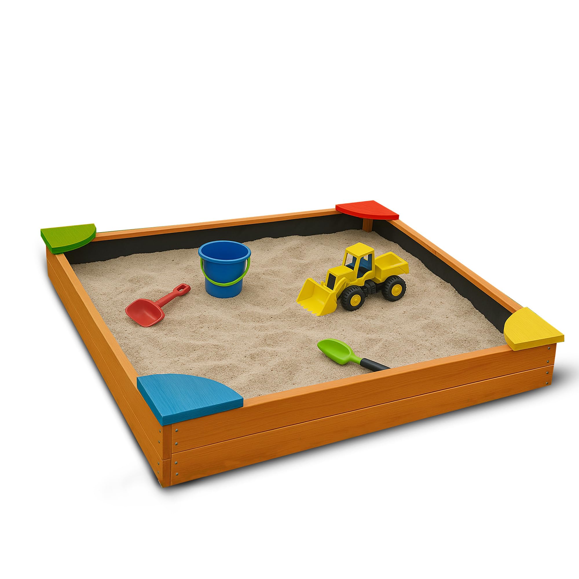 Bestlivings Arenero con cubierta 90 x 90 x 16 cm, caja de arena de madera con lona contra malas hierbas y escarabajos, caja de arena con esquinas de colores para el jardín