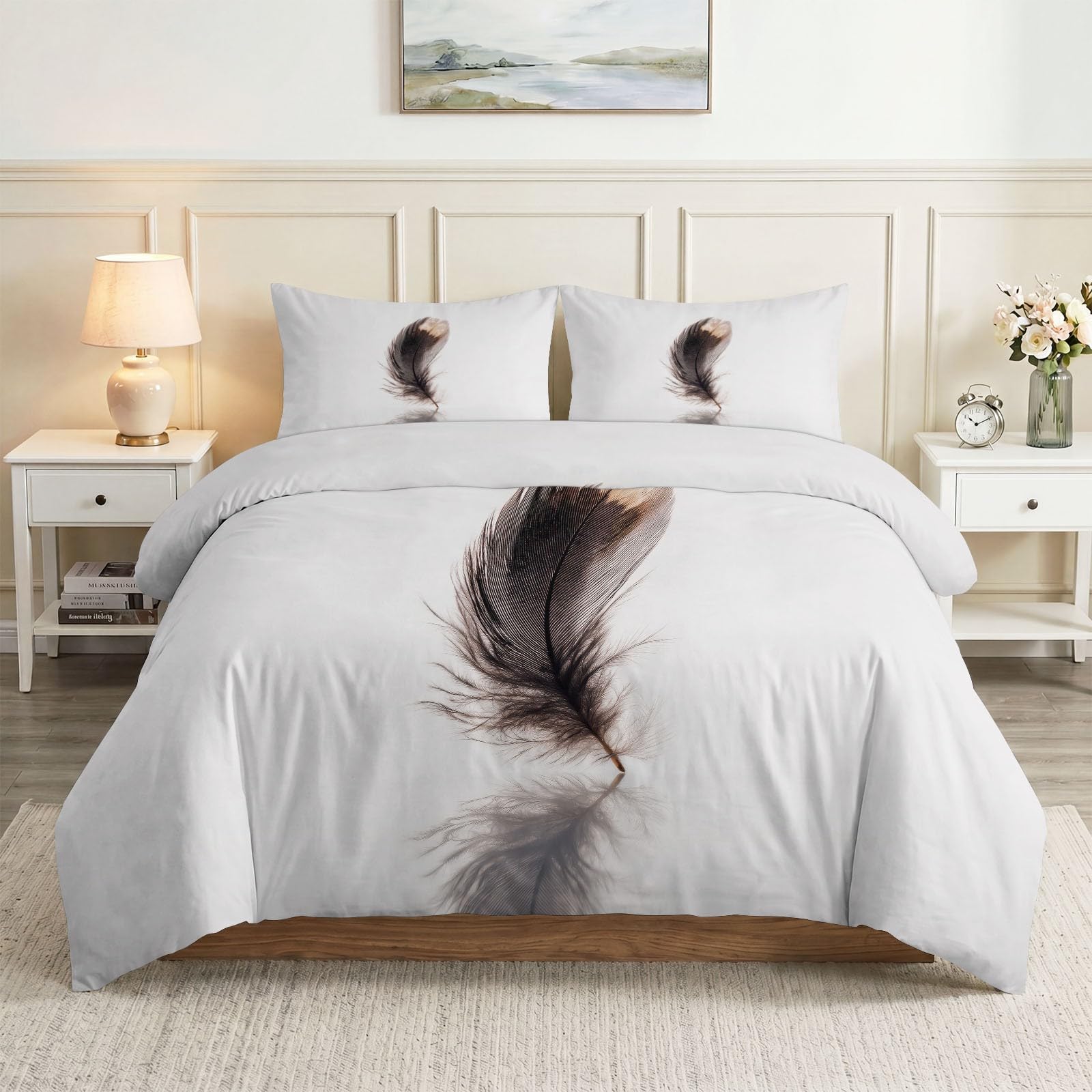 Biancheria da letto, 240 x 220 cm, motivo animali, piume, texture minimalista, stampa 3D, facile manutenzione, 3 pezzi, in poliestere e cotone, con chiusura lampo, adatto per persone allergiche