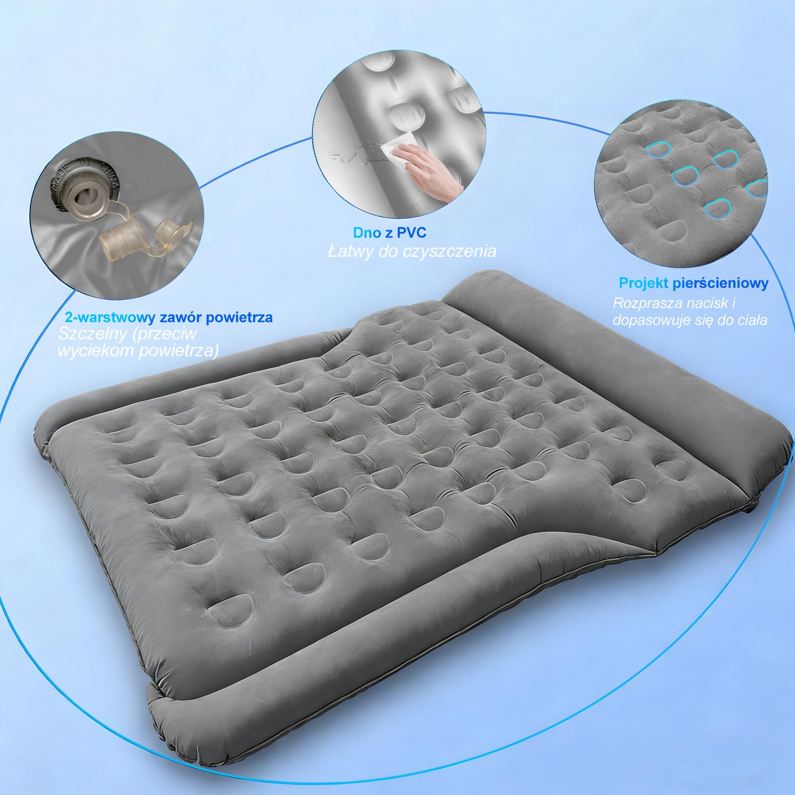 Materac samochodowy, Materac dmuchany na kemping do SUV MPV Van185x140x20cm | Mata do Bagażnika samochodowego spania materac dmuchany na podróż samochodowy car air mattress -Szary