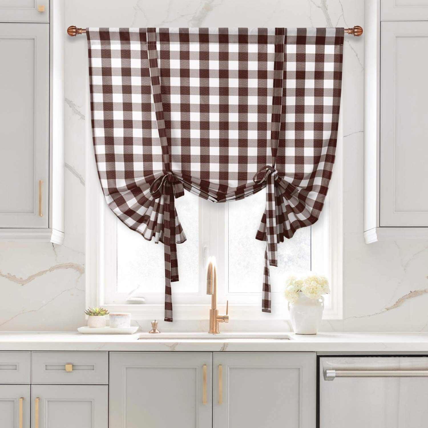 Hiasan Buffalo Check Tie Up Curtains - Semi Sheer Light Filtering Adjustable Balloon Curtain for Small Window Rod Pocket, Coffee and White, 42 x 63