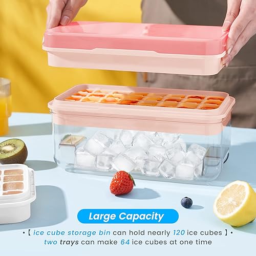 Miniatura 4 de PHINOX Bandeja para cubitos de hielo con tapa y contenedor, bandejas de hielo para congelador, bandejas flexibles para cubitos de hielo, hacer 64