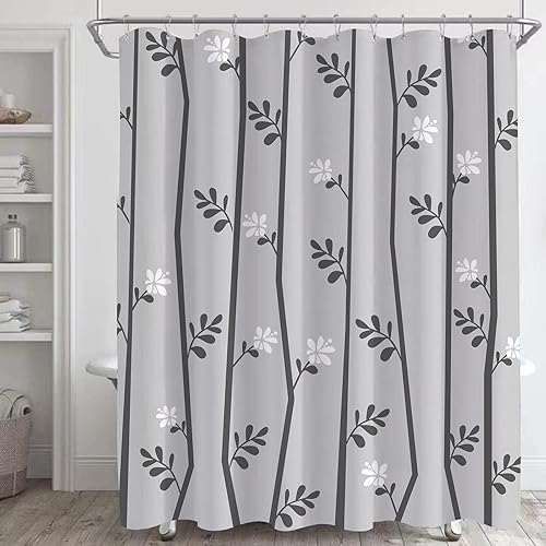 Miniatura 1 de Cortina de ducha gris y blanca de 72 x 72 pulgadas, juego de cortinas de ducha florales de ramas para baño con 12 ganchos, cortina de baño de tela