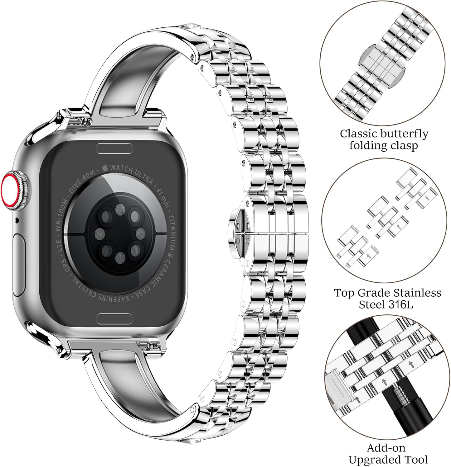 Thin Stainless Steel Bands Compatible with Apple Watch 38mm 40mm 41mm 42mm (Series 11/10) for Women, Diamond Bracelet Dressy Metal Strap for iWatch Series 9 8 7 6 5 4 3 2 1 SE3/2/1,Silver - Image 4