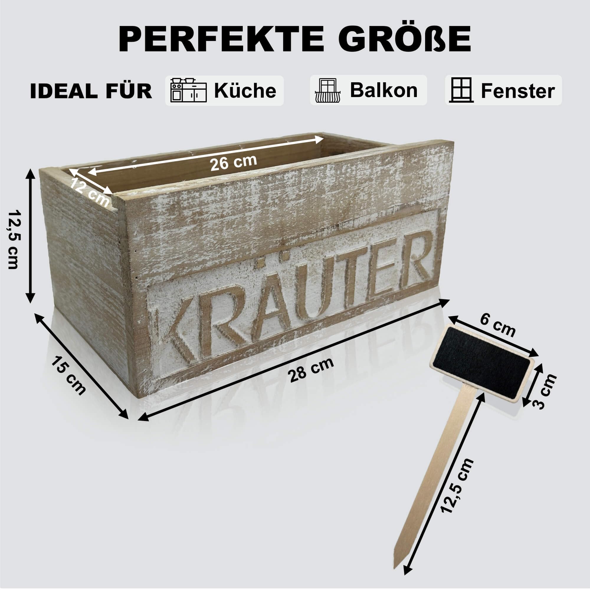 Küchenkräuter Set Natur – Holz-Kräuterkiste mit Eingefrästem “Kräuter”-Schriftzug – Inkl. Auslaufschutz & 2X Beschriftbare Kräuterschilder – Perfekt für Basilikum, Minze & Petersilie
