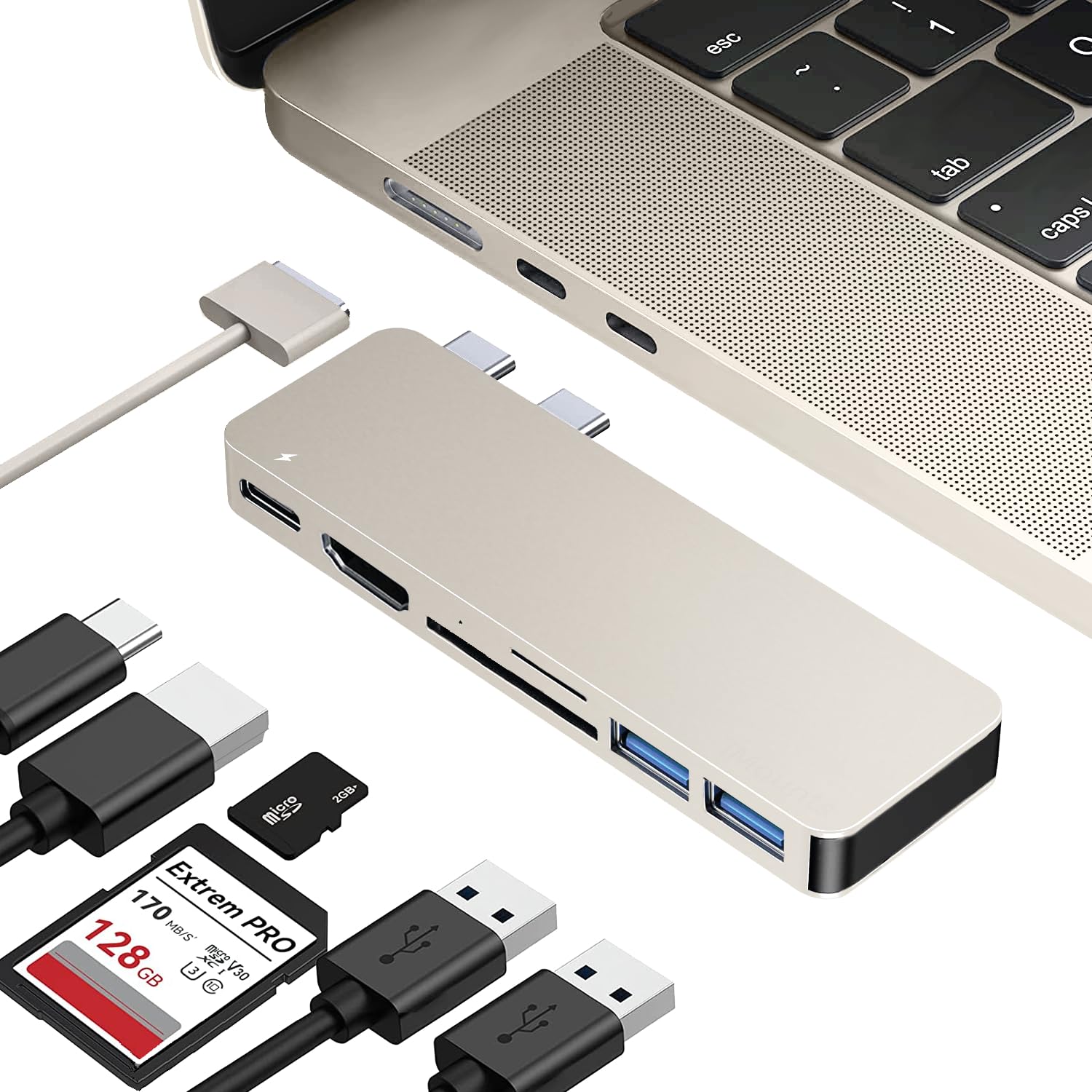 koncentrator USB-c pasuje do MacBook Air/Pro, HDMI, Thunderbolt, USB3.0, czytnik SD do MacBooka Air M2/M3, HDMI (Starlight, Star Light)