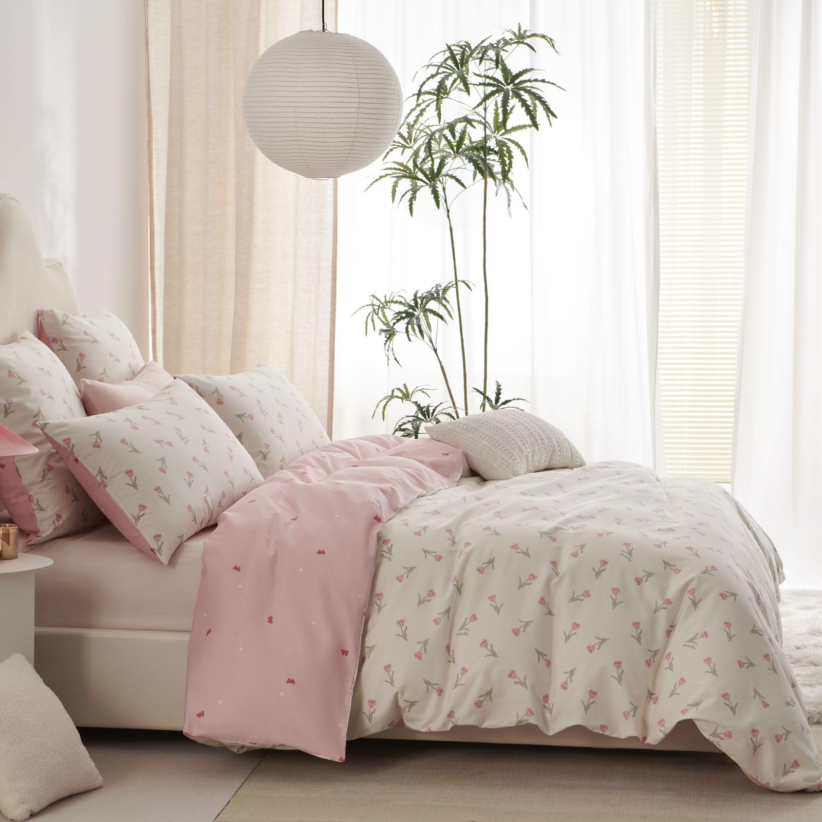 Freyamy Blumen Bettwäsche 135x200cm 2teilig Baumwolle Weiß Rosa Grün Floral Blätter Pflanzen Bettwäsche Blumenmuster Mädchen Bettbezug mit Reißverschluss und Kissenbezug 80x80cm