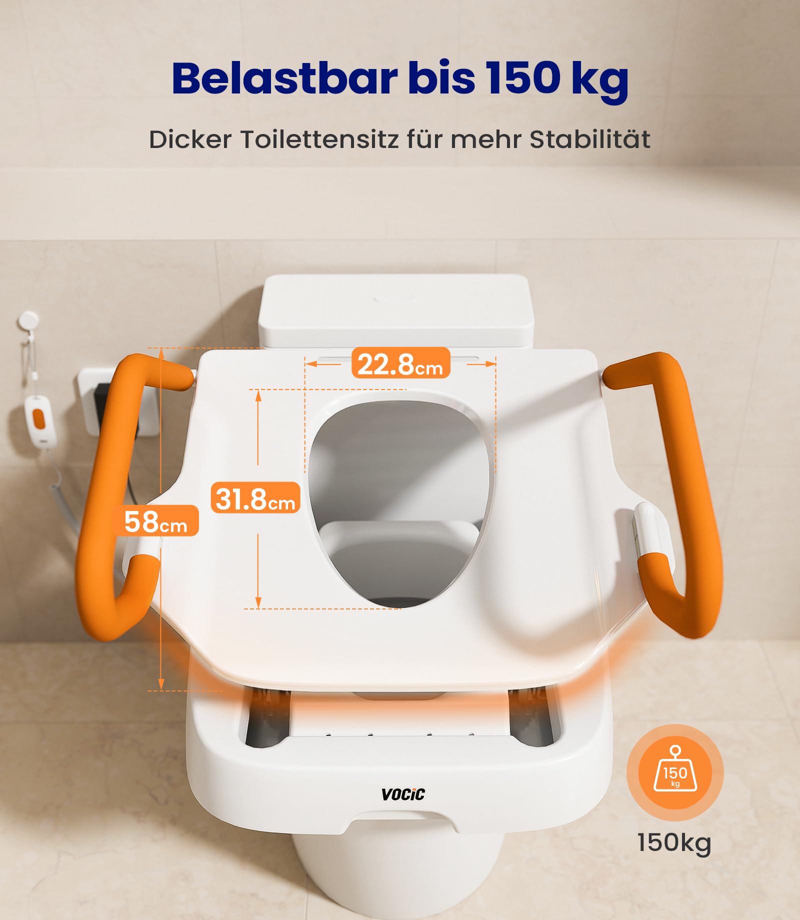 VOCIC Toilettensitzerhöhung elektrisch AX12, WC Sitzerhöhung, Toilettenerhöhung, Aufstehhilfe Toilette, bis 150 kg, mit Armlehnen, ergonomische Hebebewegung, für Senioren & Erwachsene