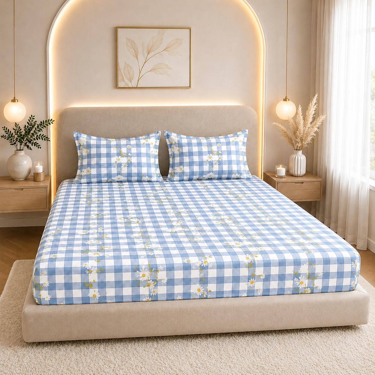 THE HOME STYLE Cotton Feel Glace Cotton Elastic Fitted Printed King Size Double Bed Bedsheet with 2 Pillow Cover Fits Upto 8 Inches Mattress (72"x78", Daisy Check)