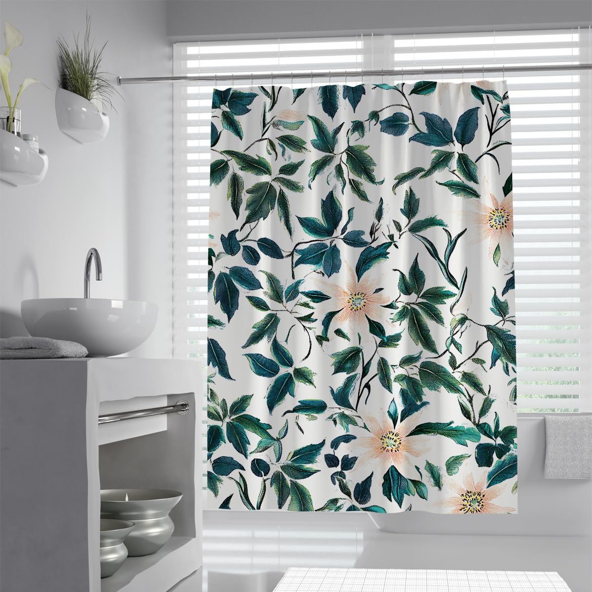 UIRINGART Tropical Plant Blossom Bath Curtains W180xL220cm Water Repellent Anti Mould Machine Washable Fabric Bathroom Curtain With Hook For Walk In Shower Home Hotel