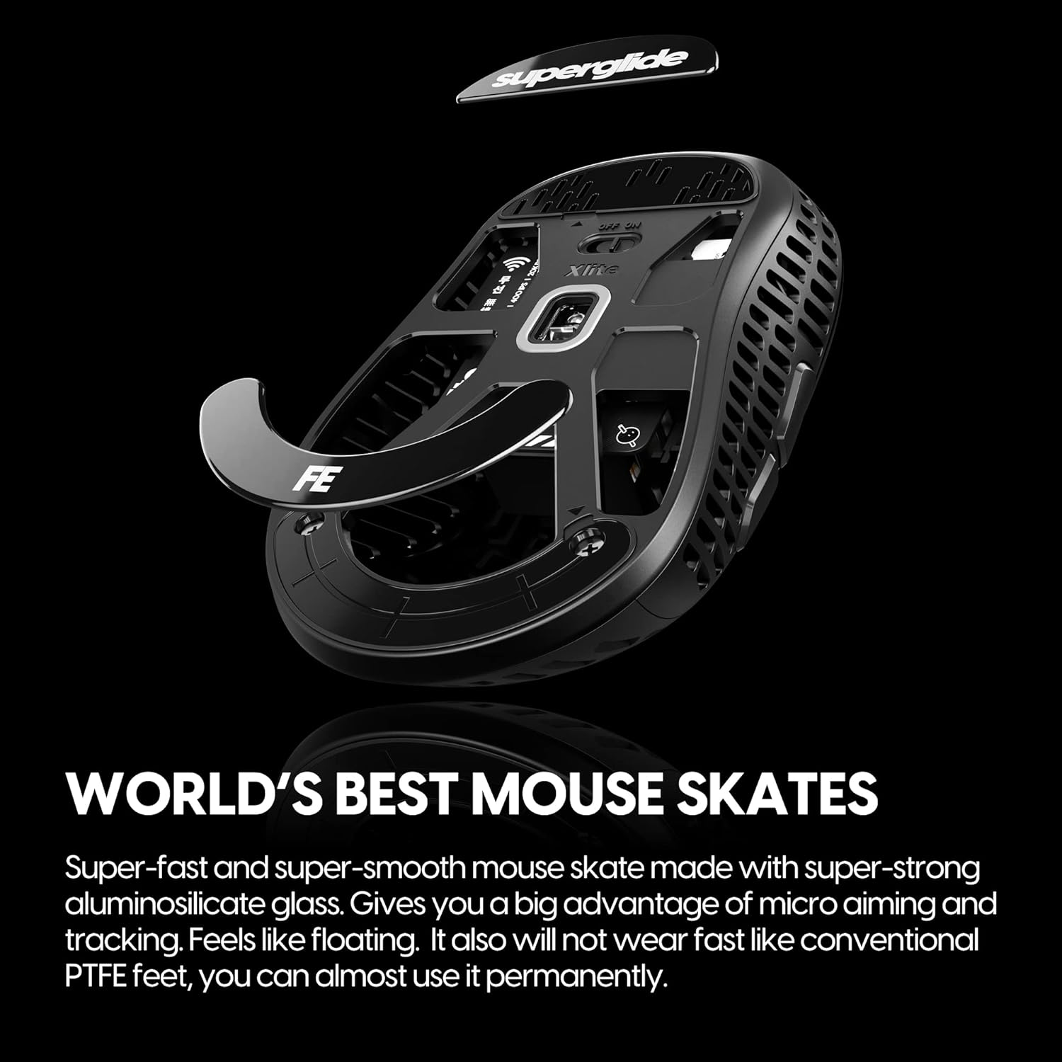 Superglide - Fastest and Smoothest Mouse Feet/Skates Made with Ultra Strong Flawless Glass Super Fast Smooth and Durable Sole for Pulsar Xlite Wireless / v2 & v2 Mini Wireless Gaming Mouse (Black)