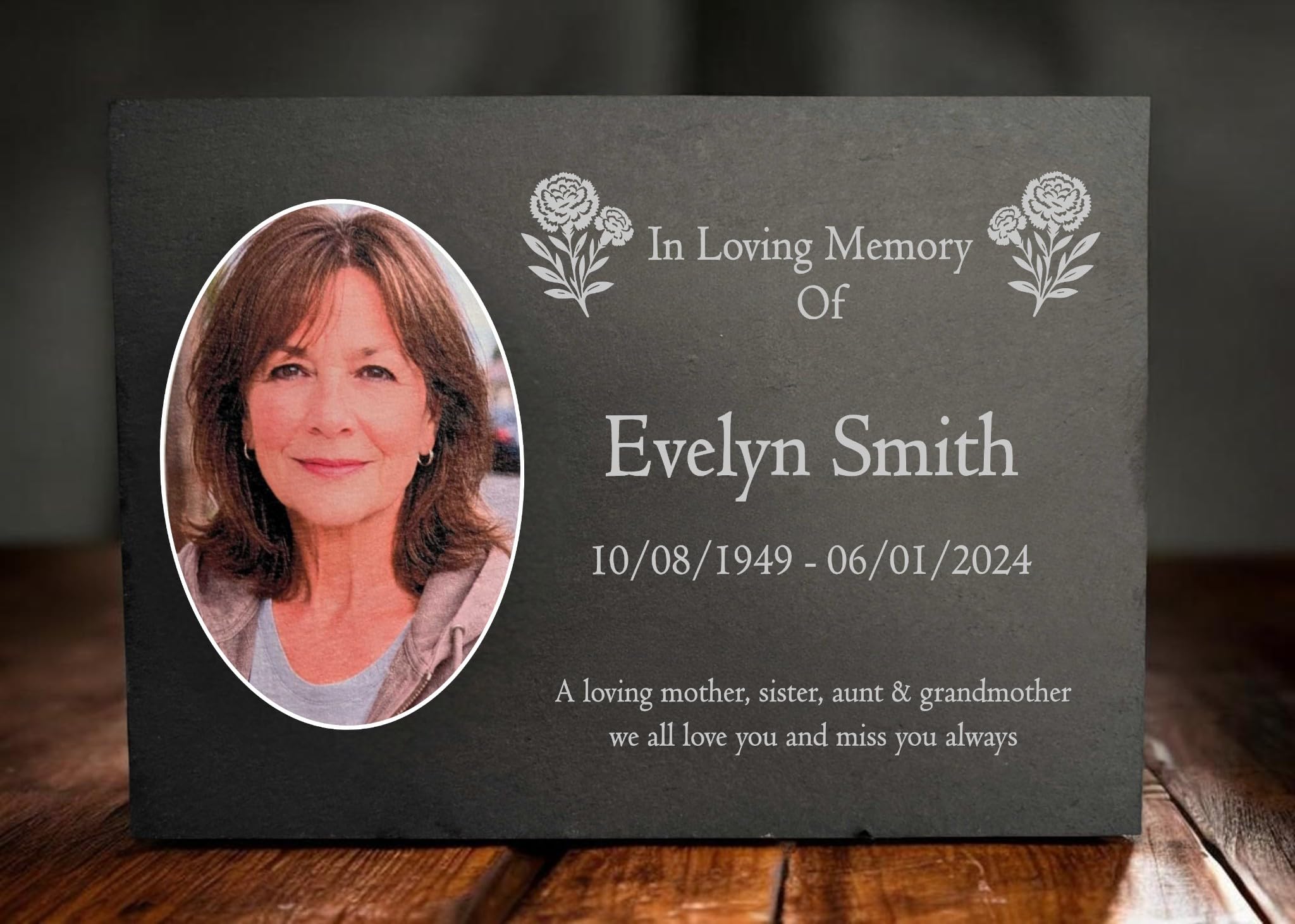 Photo Slate Memorial Plaque, Carnation, Add a Portrait & Personalised Text | 35×25cm (14×10”)