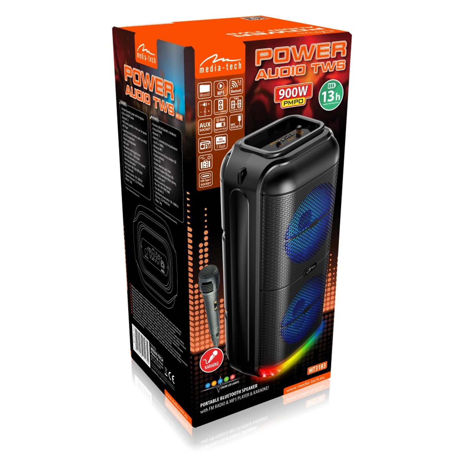 Media-Tech Tragbarer Bluetooth-Lautsprecher mit Mikrofon, Karaoke, 50W RMS, Bunte Disco-Beleuchtung, Bluetooth 5.3, AUX-Buchse, Micro-SD, USB, BT Power Audio MT3183